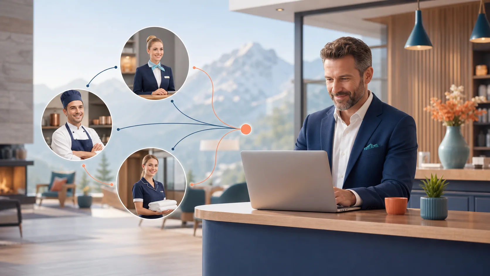 Automatisierte Personalsuche für Hotels — ein Hotelmanager verwaltet Stellenanzeigen für Rezeption, Küche und Housekeeping am Laptop